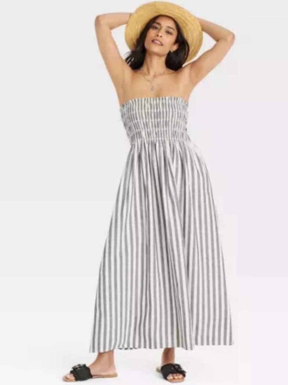 Universal Thread Strapless Stripe Midi Dress SZ M Grey Cream